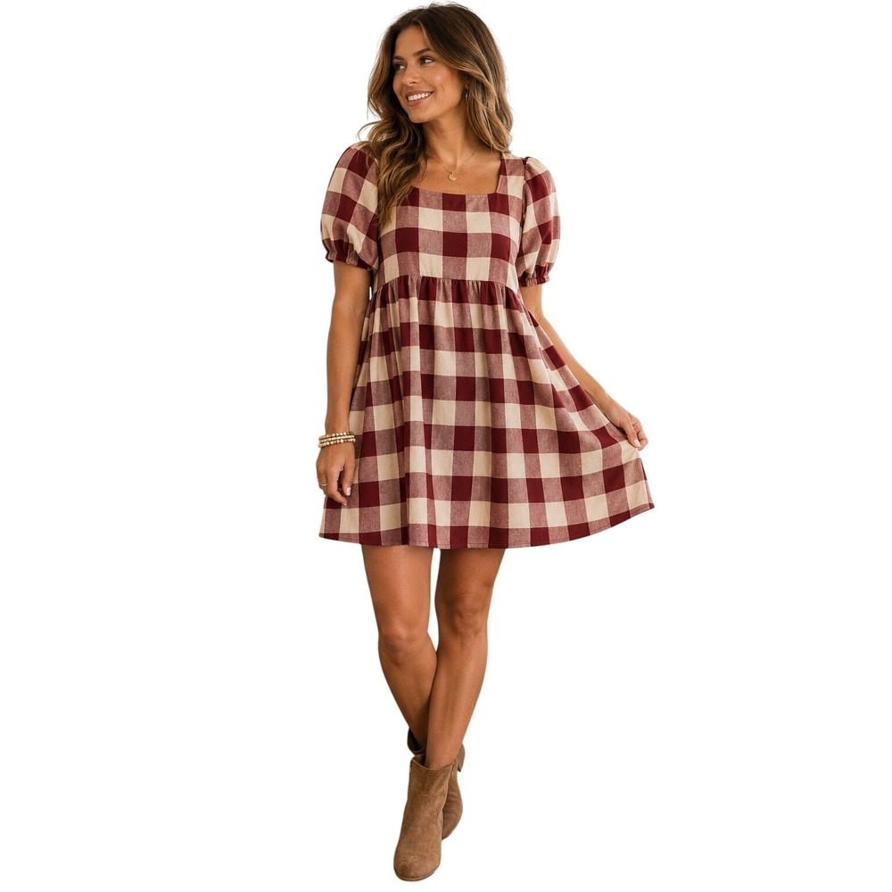 Polagram Womens Gingham Puff Sleeve Square Neck Babydoll Dress Maroon White S